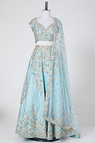 powder blue polyester floral embroidered lehenga set