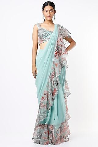 powder blue printed & embellished saree set