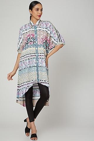powder blue printed & embroidered tunic