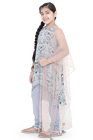 powder blue printed high-low kurta set for girls