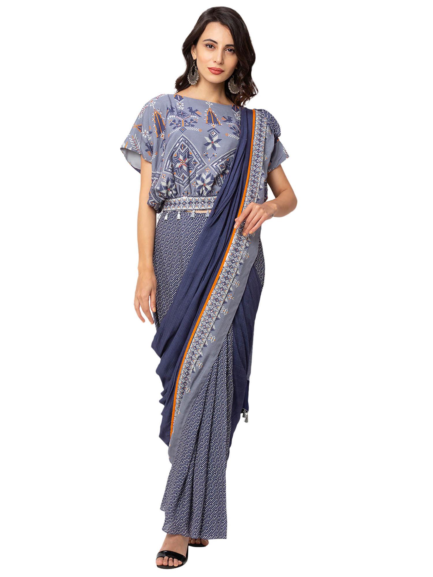 powder blue printed saree and top (set of 2)