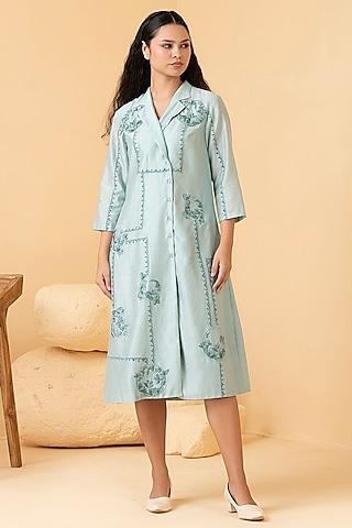 powder blue pure chanderi thread embroidered coat dress