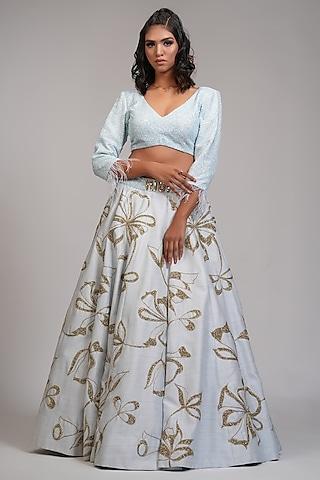 powder blue raw silk embroidered lehenga set