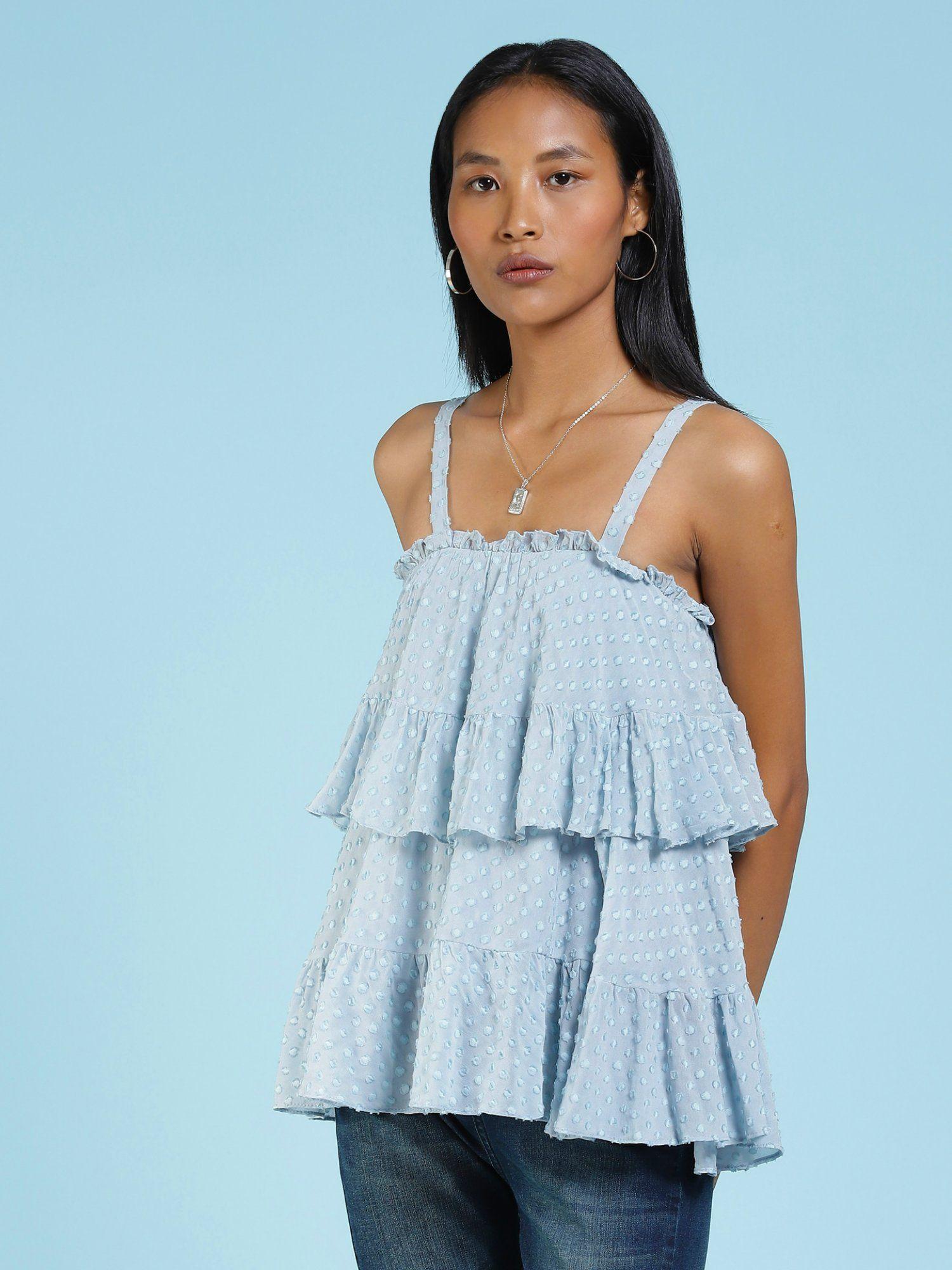 powder blue ruffled top