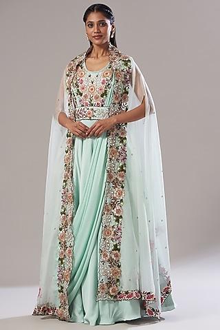 powder blue satin embroidered gown with cape