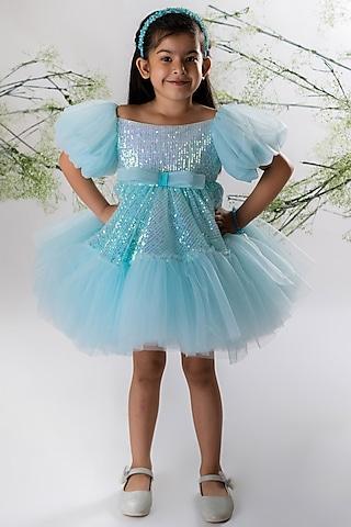 powder blue sequins & net dress for girls