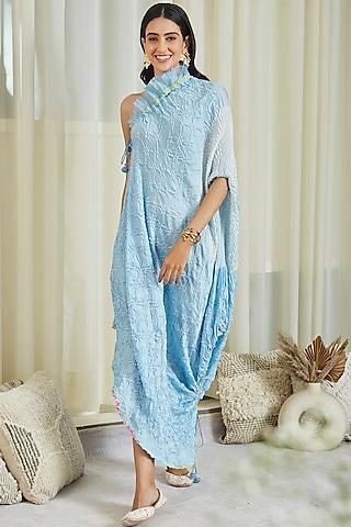 powder blue shibori one-shoulder dress