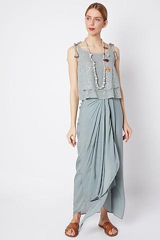 powder blue shimmery top with wrap skirt & necklace