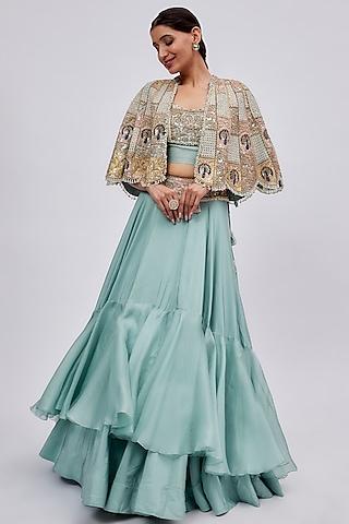 powder blue silk & organza embroidered jacket lehenga set