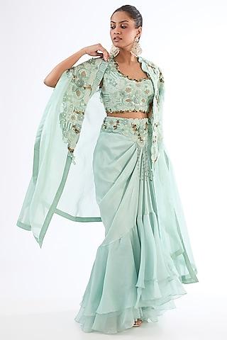 powder blue silk & organza thread work butterfly cape set