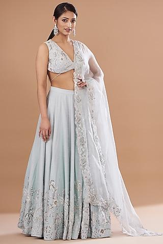 powder blue silk chanderi embroidered lehenga set