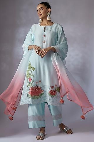powder blue silk chanderi hand embroidered kurta set