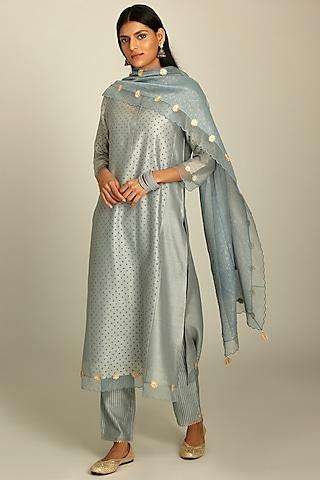 powder blue silk chanderi printed kurta set