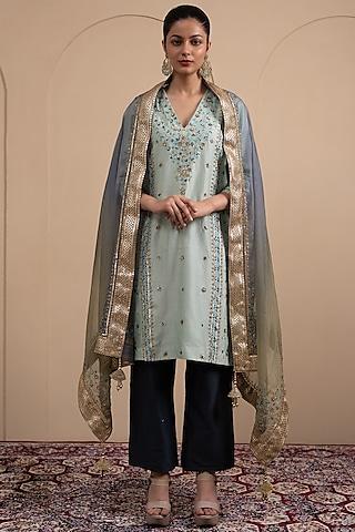 powder blue silk chanderi thread & beads embroidered kurta set