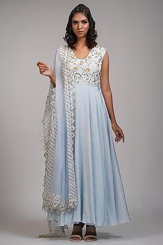 powder blue silk embroidered anarkali set