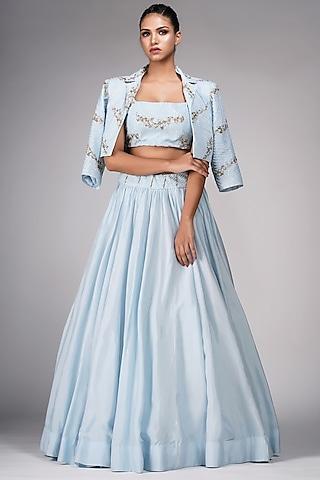 powder blue silk embroidered jacket lehenga set