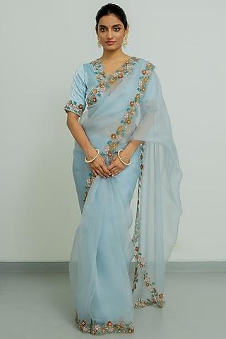powder blue silk organza sequins embellished saree set