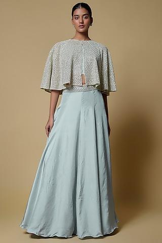 powder blue silk pearl embroidered cape set