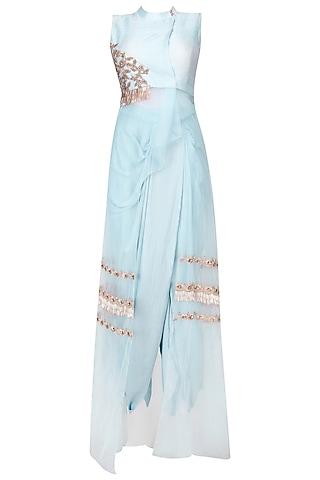 powder blue silk pre-draped dhoti saree set