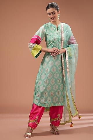 powder blue silk printed & hand embroidered kurta set