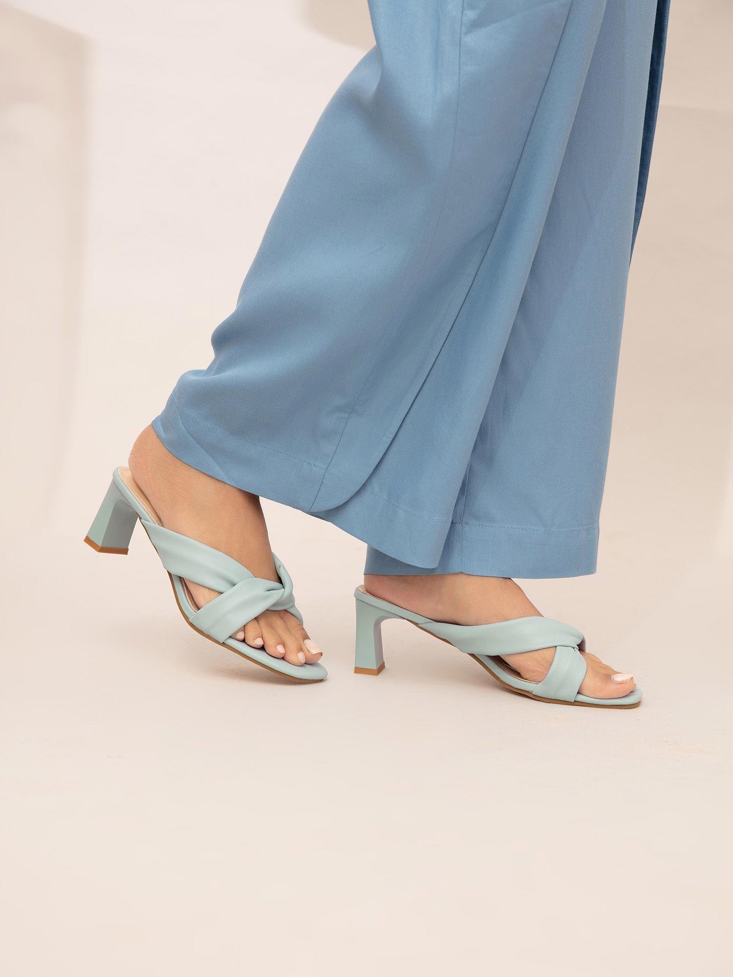 powder blue square toe overlap block heels