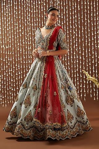 powder blue taffeta applique embroidered lehenga set