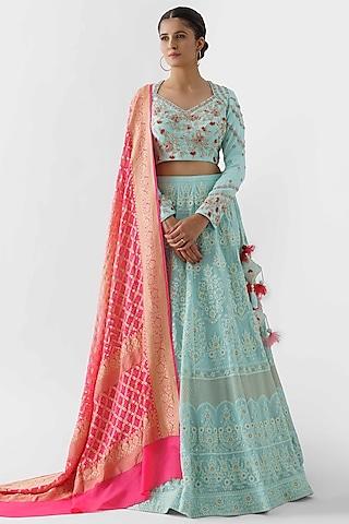 powder blue thread embroidered lehenga set