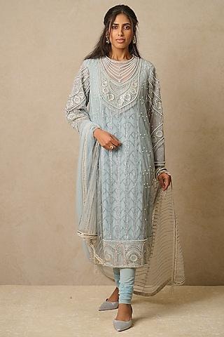 powder blue tulle embellished kurta set