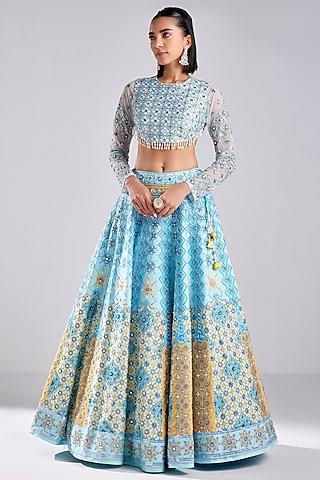 powder blue tulle geometric print & embroidered lehenga set