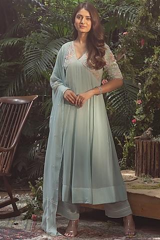 powder blue viscose georgette hand embroidered anarkali set