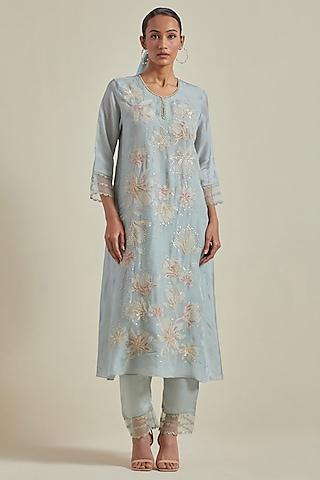 powder blue viscose silk floral thread embroidered a-line kurta set
