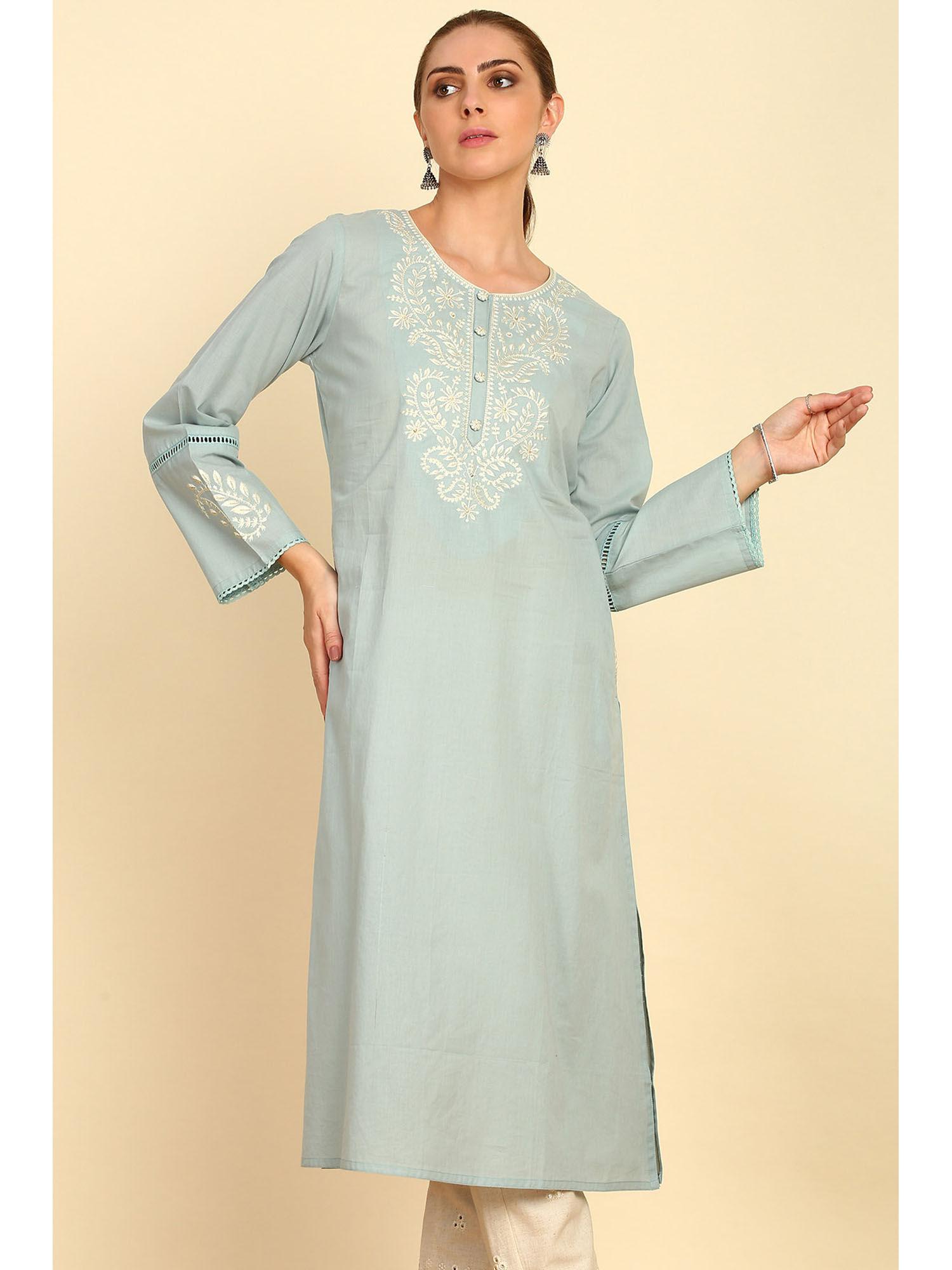 powder blue yoke embroidered cotton kurta with lace