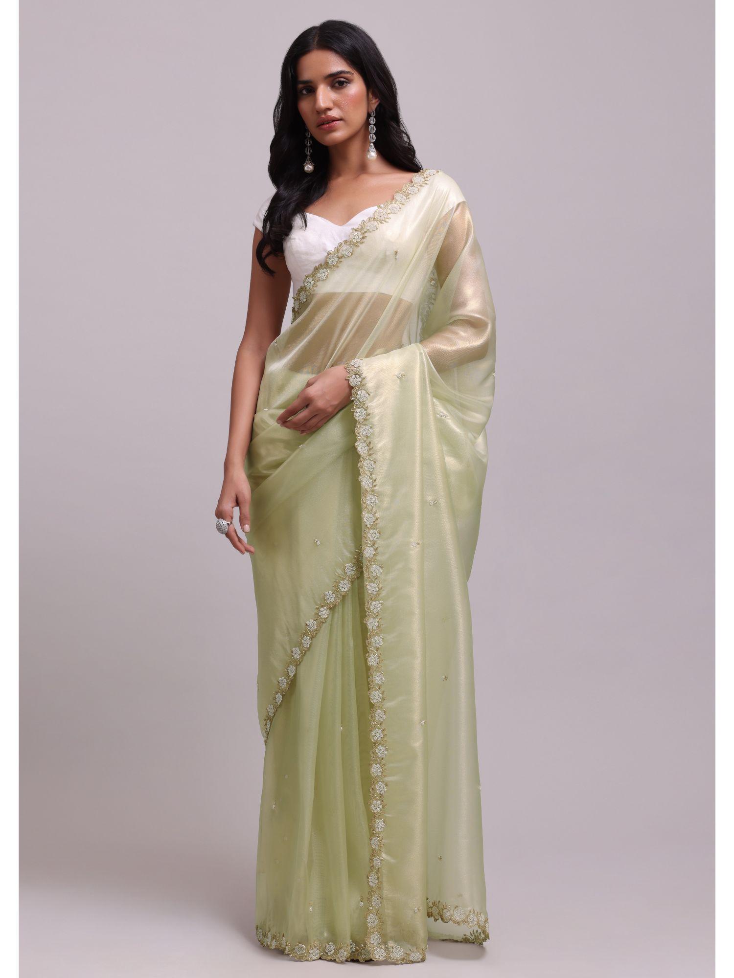 powder green foil saree in tissue with embroidered borders with unstitched blouse