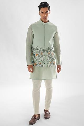 powder green linen satin embroidered nehru jacket
