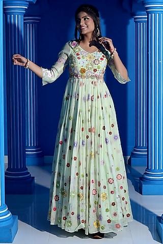 powder green organza hand embroidered anarkali set