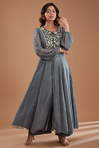 powder grey georgette sequins embroidered kurta set