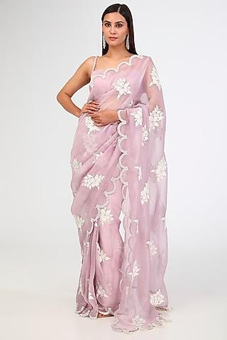 powder lilac organza hand embroidered saree set