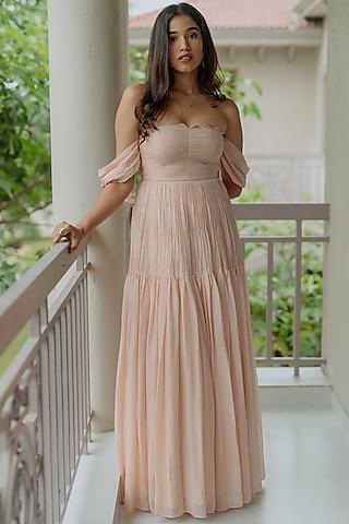 powder peach ruched off-shoulder gown