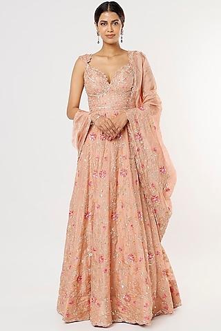 powder peach tissue embroidered gown with dupatta