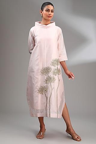 powder pink chanderi embroidered midi a-line dress