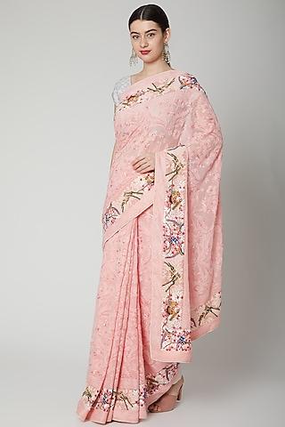 powder pink chikankari embroidered saree set