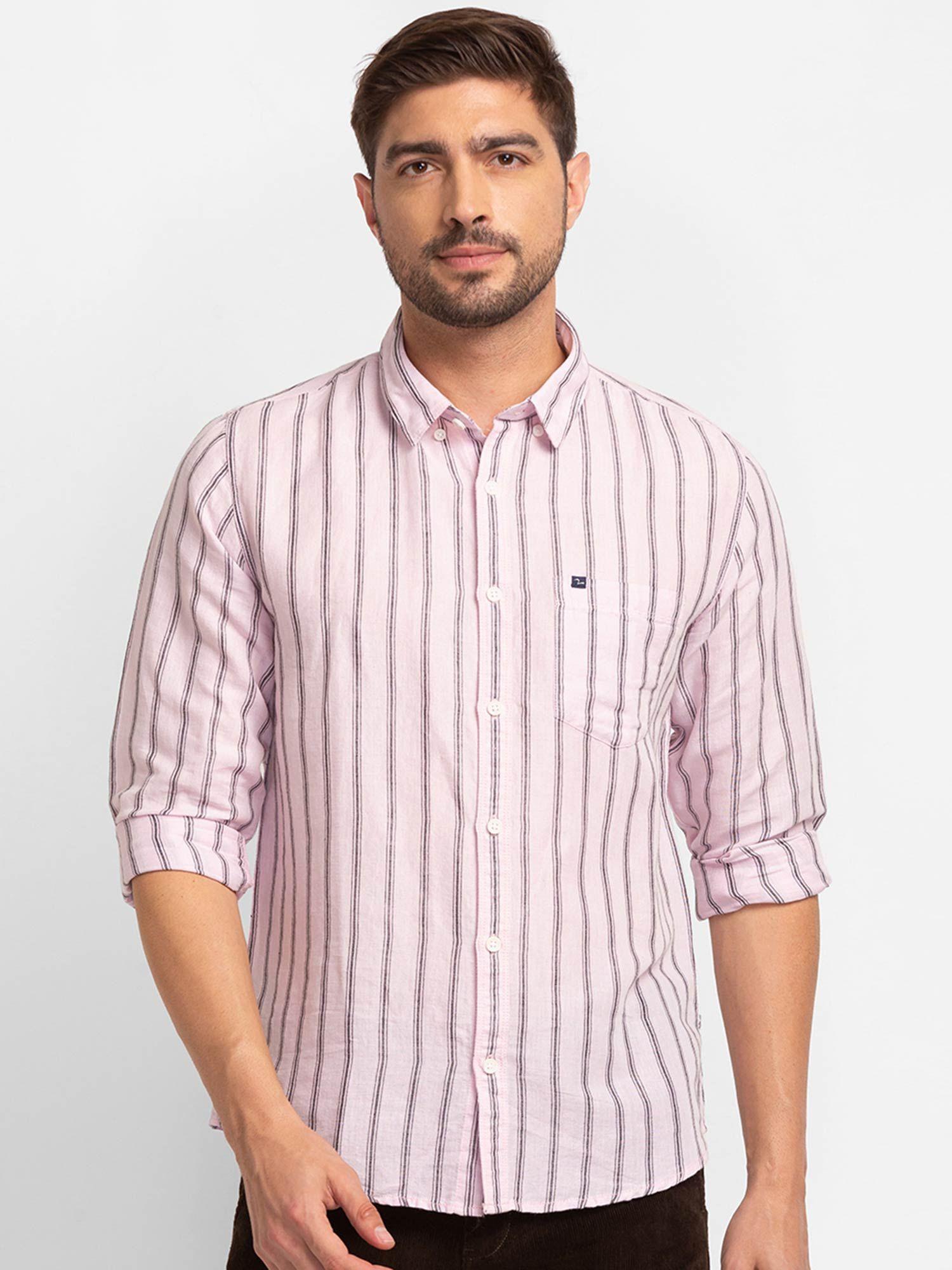 powder pink cotton full sleeve stripes shirt for men