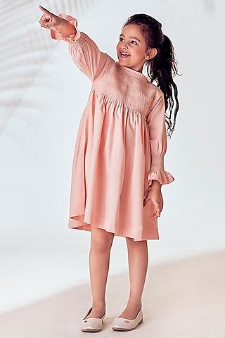 powder pink cotton pleated dress for girls