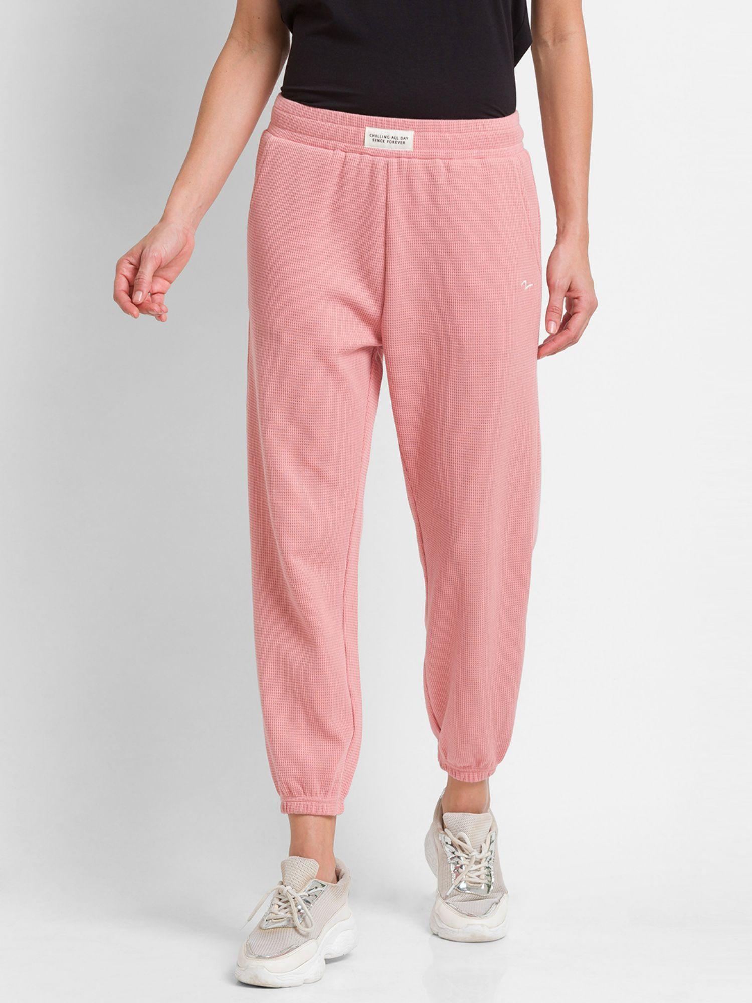 powder pink cotton regular fit trackpants for women