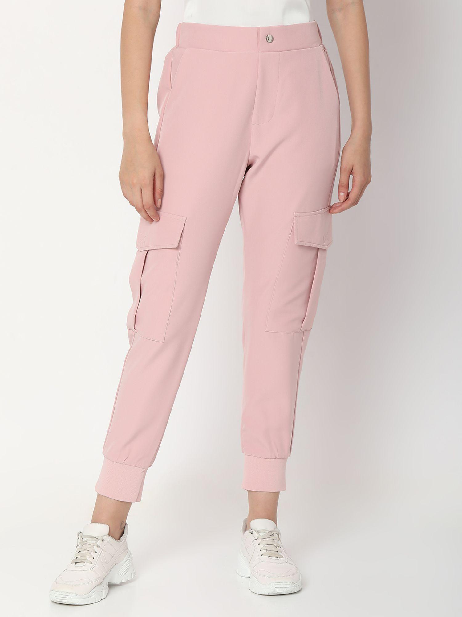 powder pink cotton regular fit trackpants for women