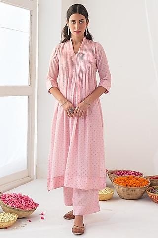 powder pink cotton silk a-line kurta set