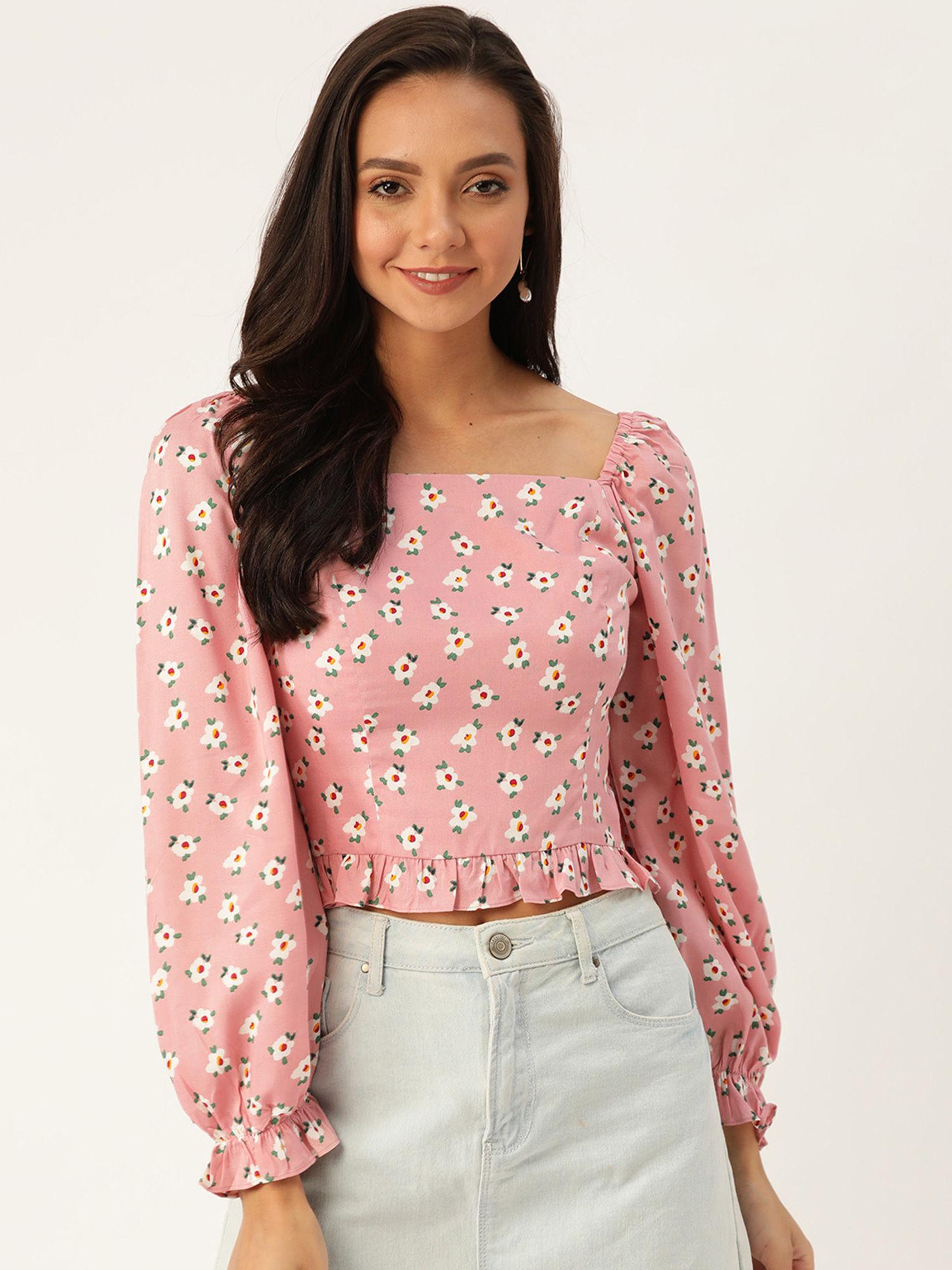 powder pink floral square neck crop top