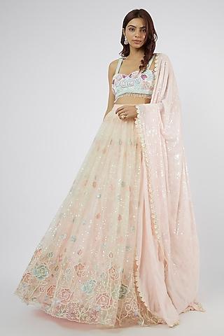 powder pink georgette floral hand embroidered lehenga set