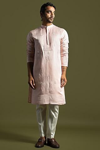 powder pink linen satin floral & motifs embroidered kurta set