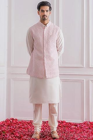 powder pink mirror embroidered nehru jacket